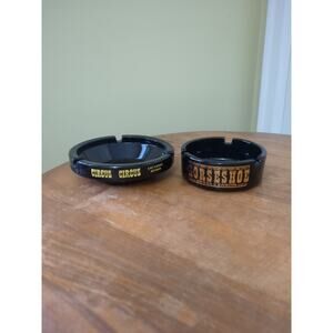 Vtg Pair Black Glass Las Vegas Casino Ashtrays Circus Circus & Binions Horseshoe
